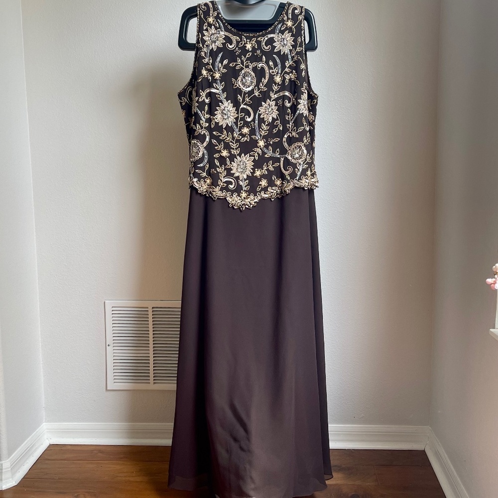 J Kara Black Maxi Dress with Gold Floral Embroidered Bodice